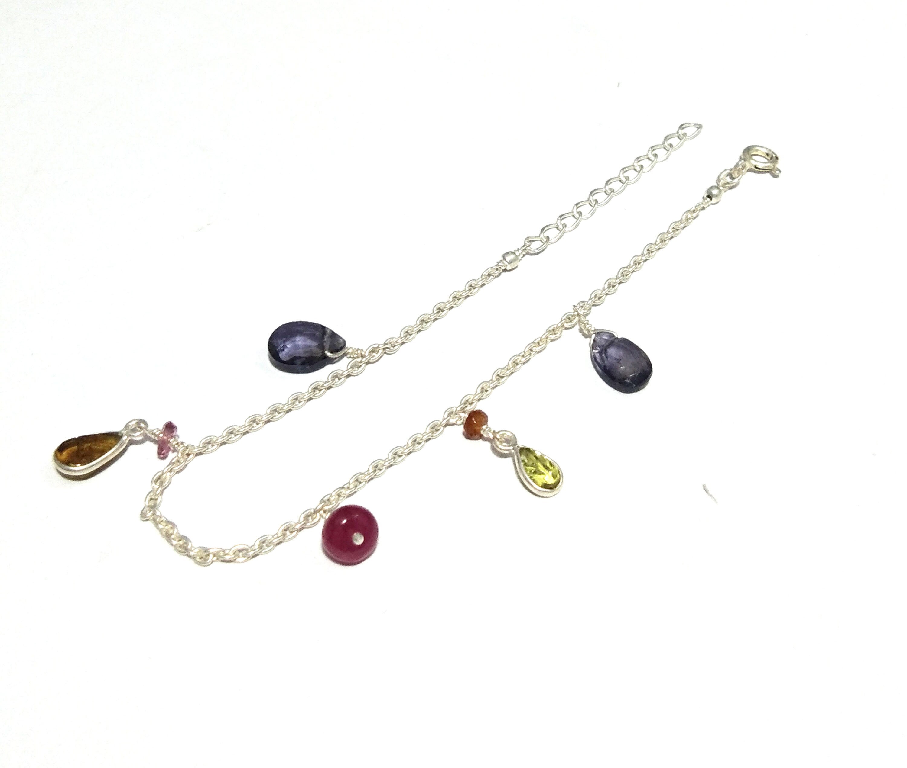 Natural Multi Tourmaline/Iolite Stone Chain Bracelet, 925 Sterling Silver Chain Stone Bracelet, Wedding Bracelet Gift Valentine day Bracelet